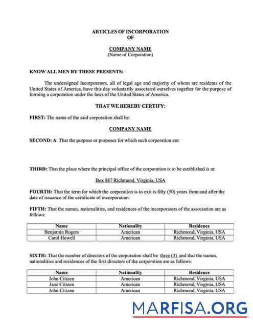 Printable USA Virginia articles of incorporation Word and PDF template